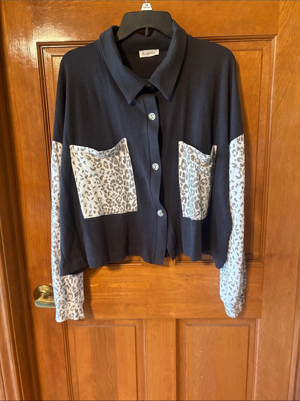 BUCKETLIST Navy Cropped Button-Front Jacket with Leopard Accent Pockets